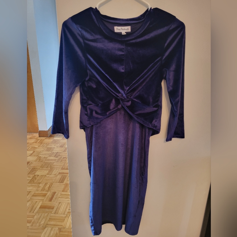 Rose Maternité Navy Velvet Dress with Bow - XXSmall